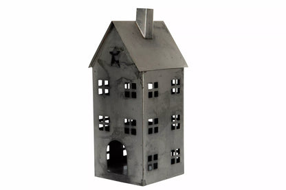 Lysestake Lyslykt Hus Metall Gammel Grå 14x15,5x33cm