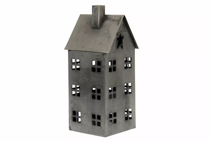 Lysestake Lyslykt Hus Metall Gammel Grå 14x15,5x33cm