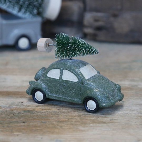Innendørs julepynt Bil juletre grønt / glitter 6,5x10,5 cm SALG