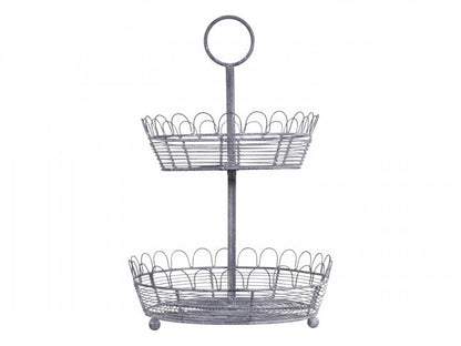 Dekorativt Fat Brett Etagefat m. 2 fil de fer kurve H46 / Ø31 cm antikk sink SALG