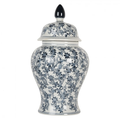 Dekorativ Vase urne med lokk Ø 17x32 cm Hvit Blå Keramikk