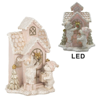 Juldekoration Inomhus Hus med björnar Rosa LED 15x10x18 cm