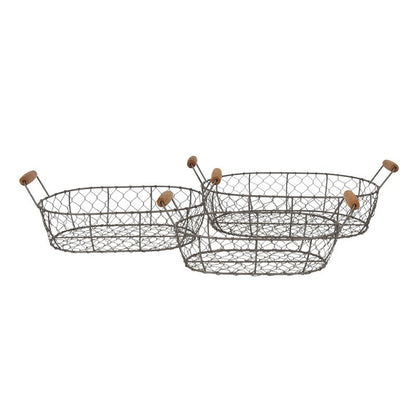 Dekorativ korg Förvaringskorg 3-pack 42x27x15 Cm Brunt järn Trä Rund Korg