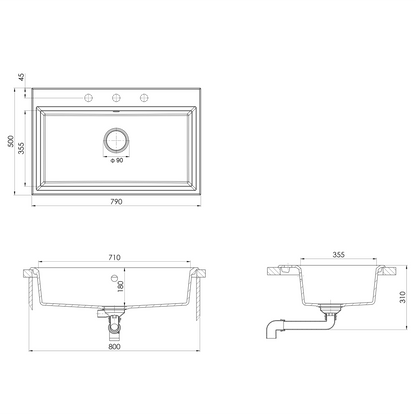 Kjøkkenvask Grå 790x500x193 mm Granitt