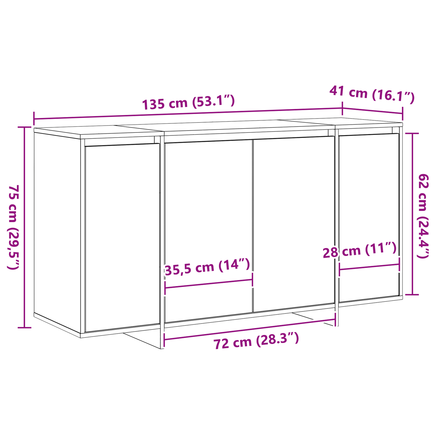 Skjenk Hvit Tre 135 x 41 x 75 cm Hvit Sideboard