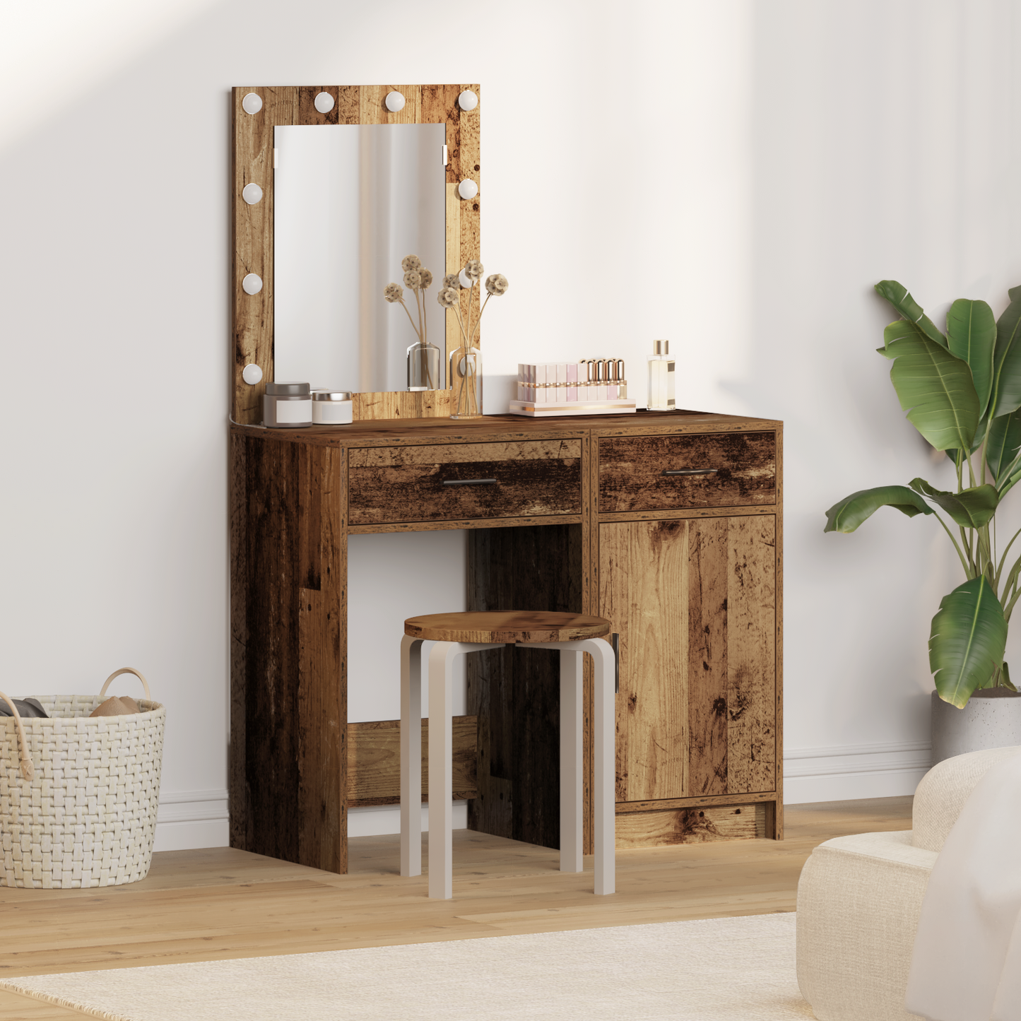 2-delt sminkebordsett med LED i gammel tre finish