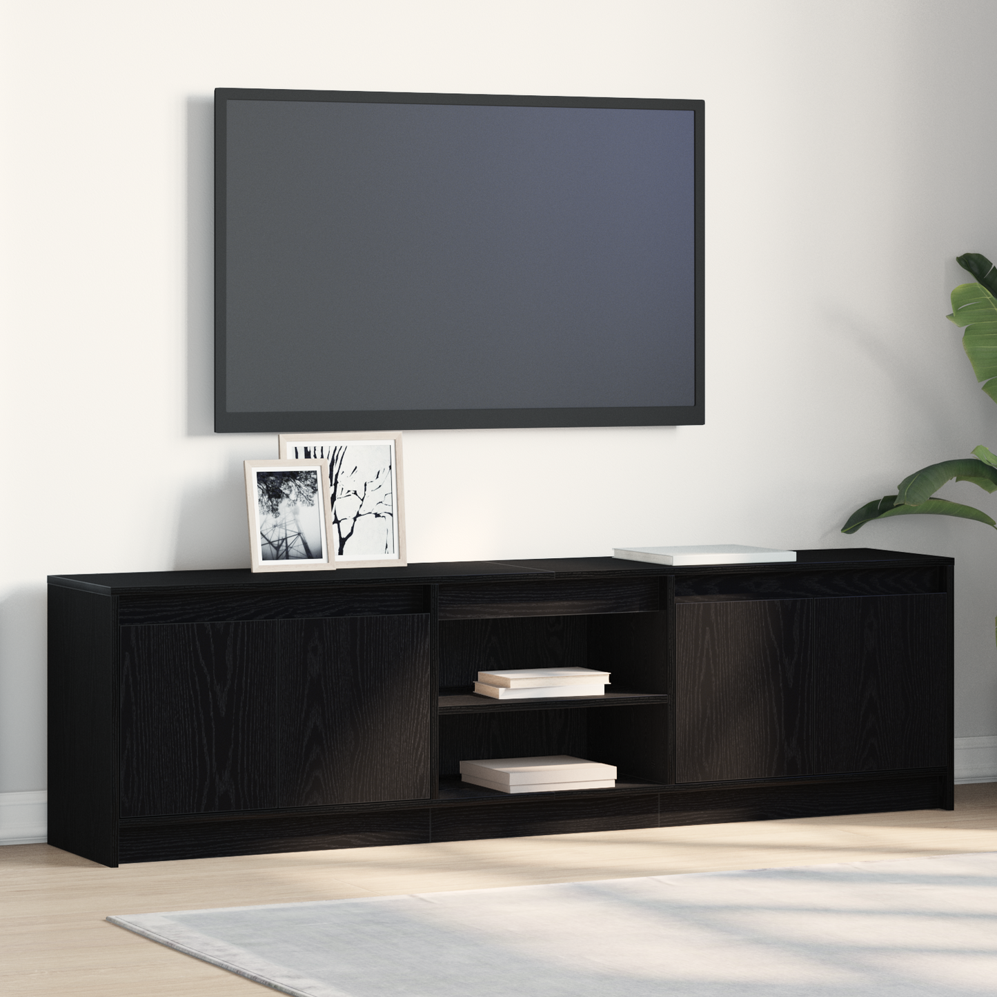 TV-Møbel Svart TV-skap med LED -stripelys med lagring med dør 182 x 34 x 50 cm
