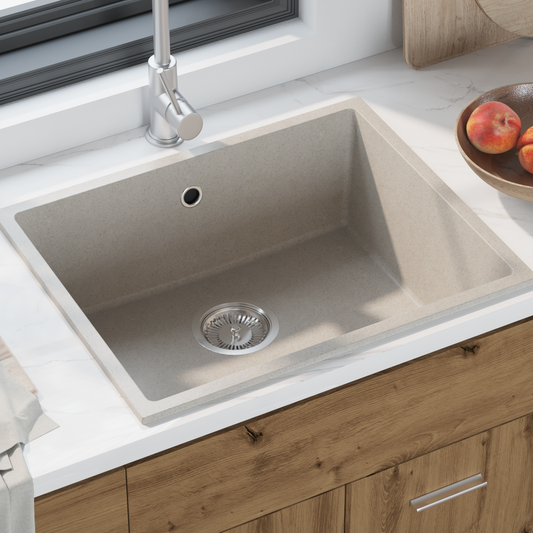 kjøkkenvask med overløpshull i beige granitt