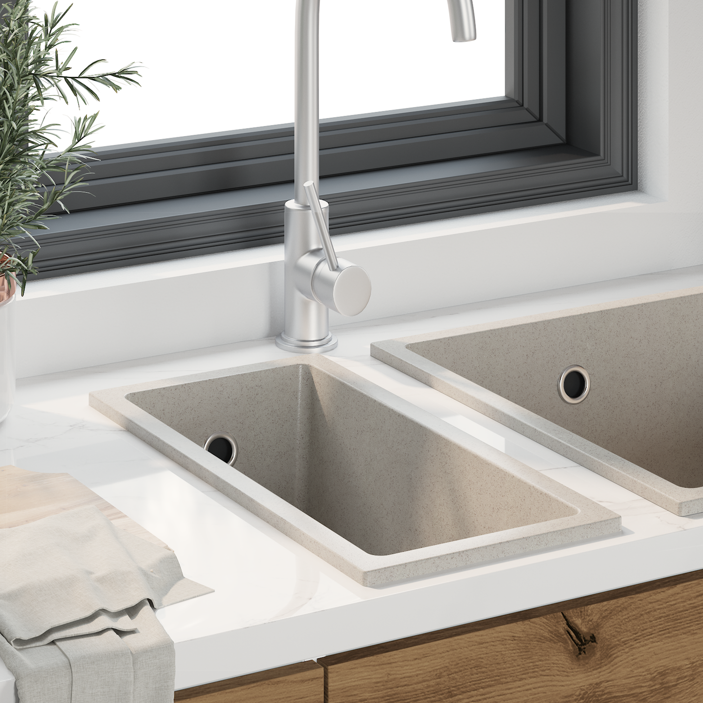 kjøkkenvask med overløpshull i beige granitt