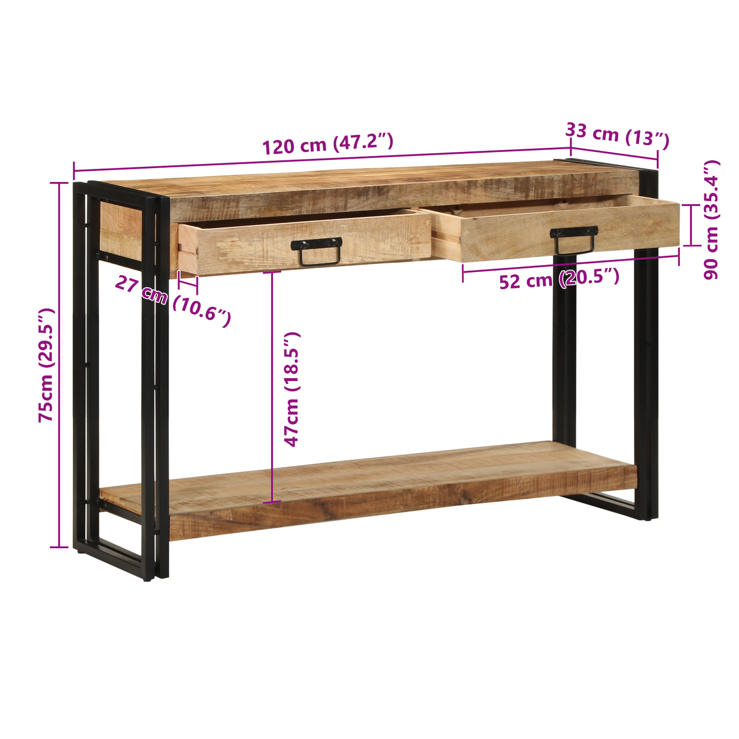 Avlastningsbord konsollbord Tre 120x33x75 cm Solid Rått Mangotre