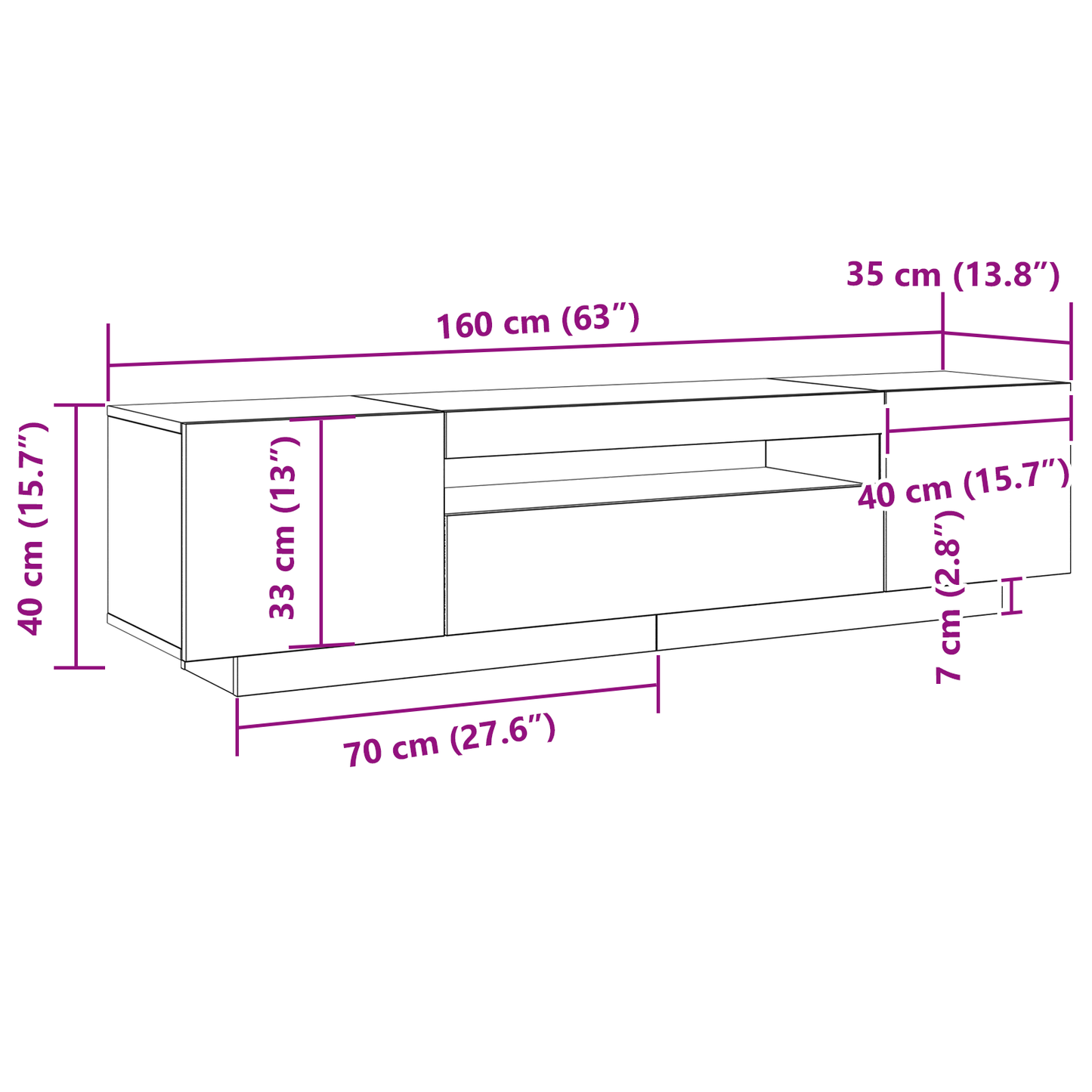 TV-Møbel Svart Eik TV-benk med LED-lys 160x35x40 cm,