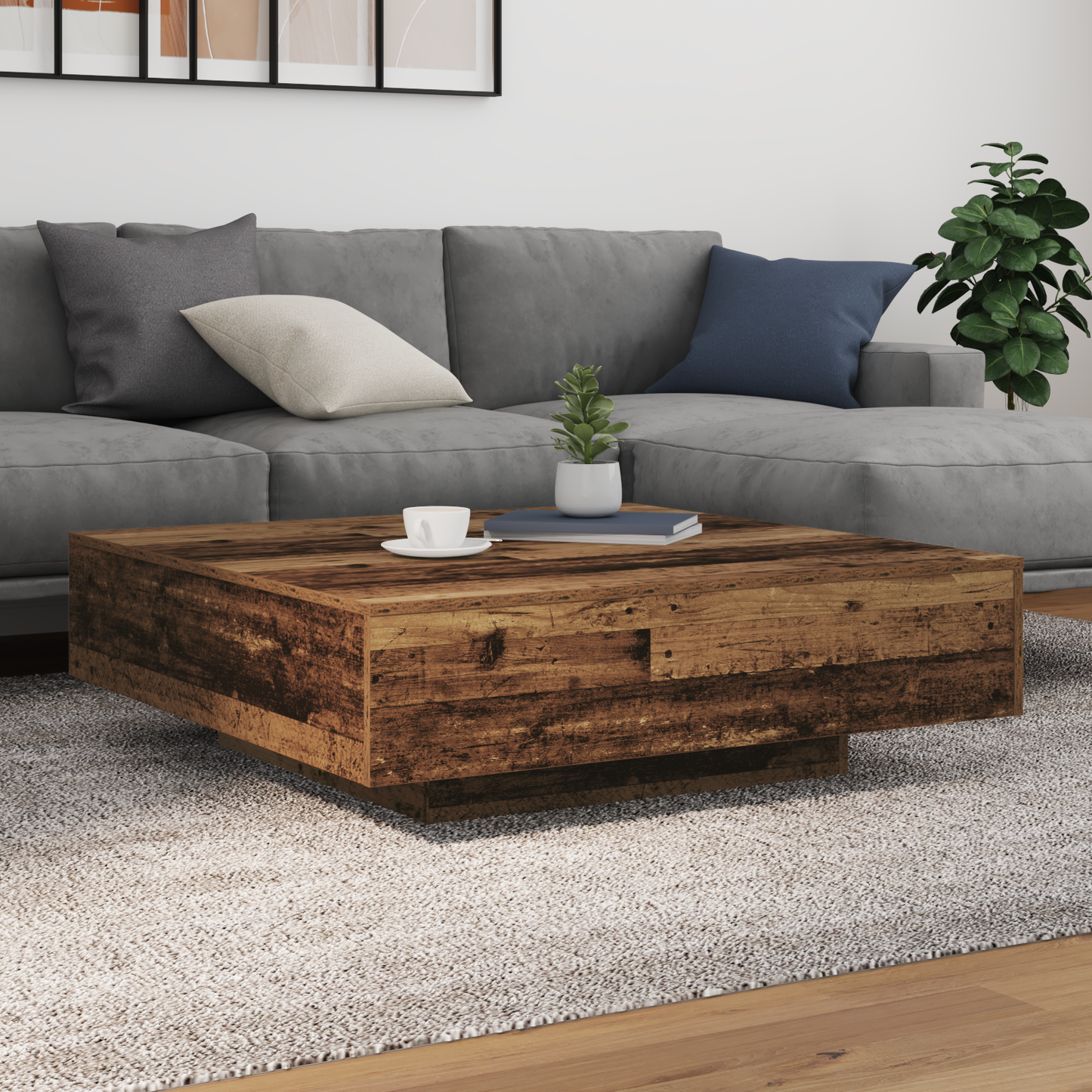 Salongbord Sofabord Tre med LED-belysning Gamle Treverk 100x100x31 cm
