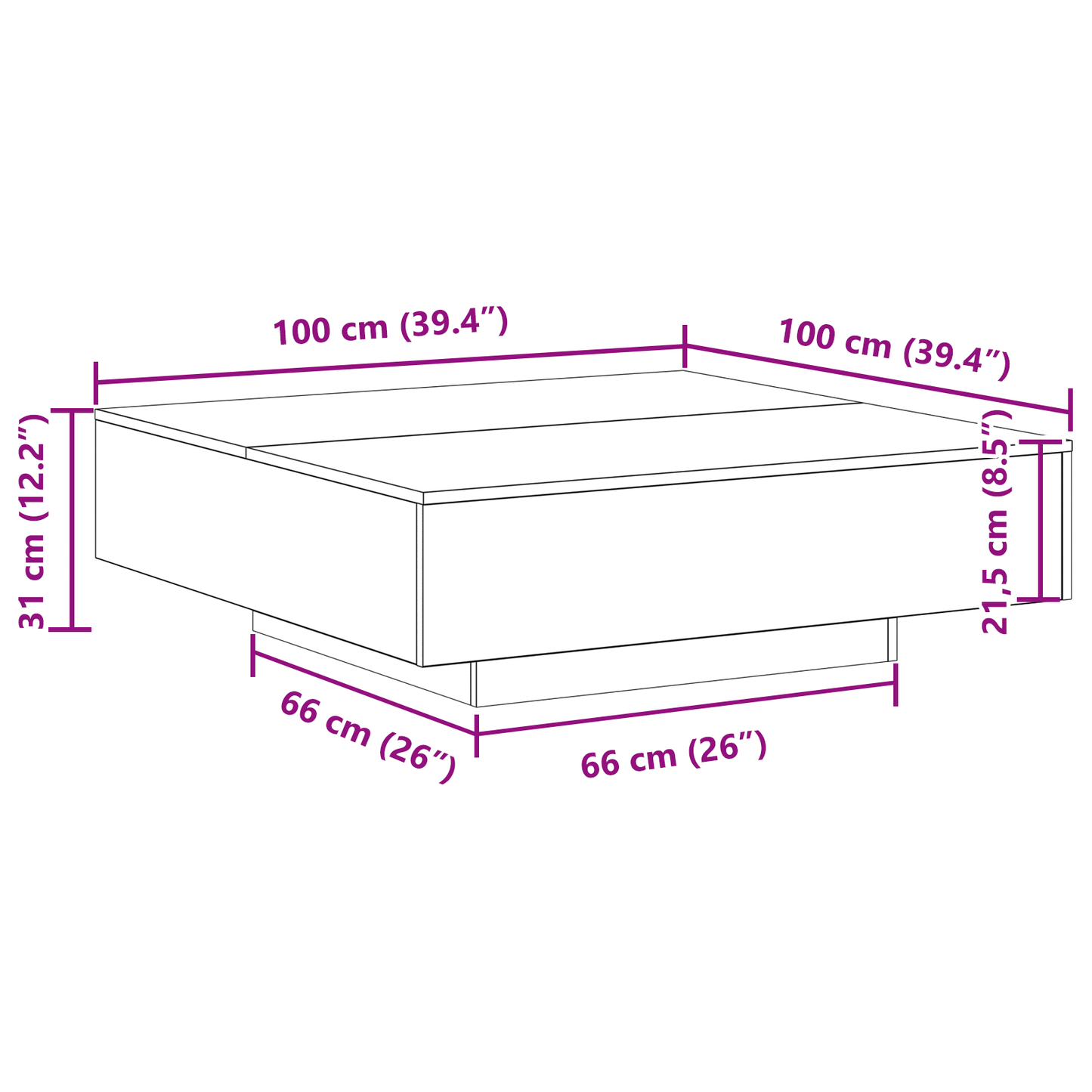 Salongbord Sofabord Tre med LED-belysning Gamle Treverk 100x100x31 cm