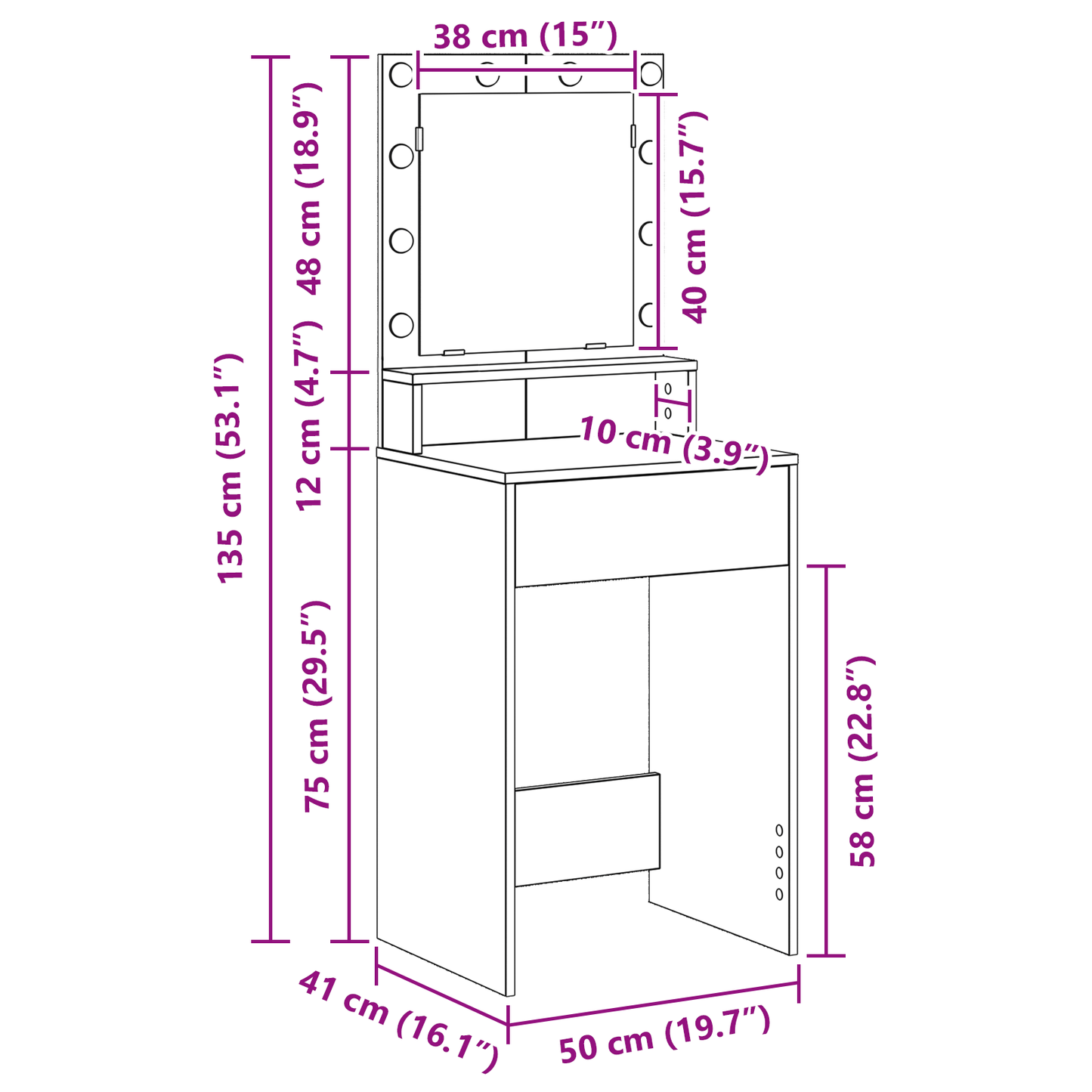 Sminkebord Sonoma Eik LED Lys 50x41x135 cm