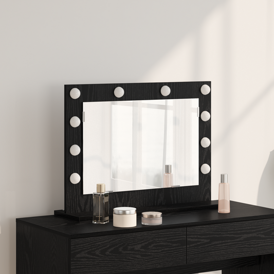 Sminkespeil med LED Lys Svart Eik 60x45x18 cm