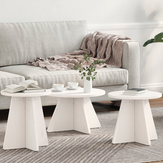Salongbord Sofabord Hvit Sett 3 stk 49 x 49 x 30 cm Massiv furu tre